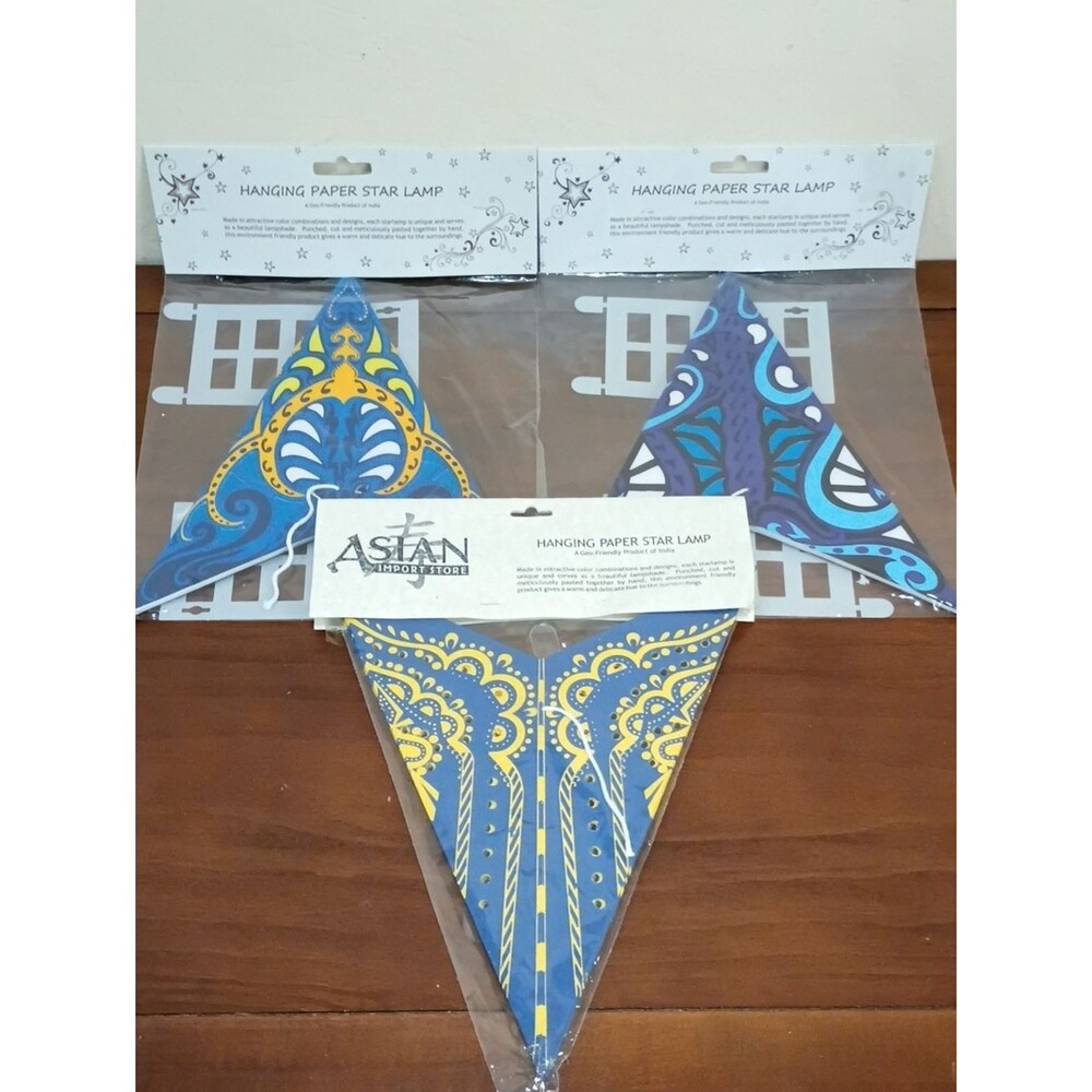 Hanging Paper Star Lamps, Blue, Set Of 3 - New!